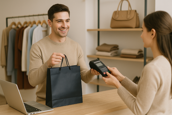 Client payant avec une carte bancaire dans une boutique